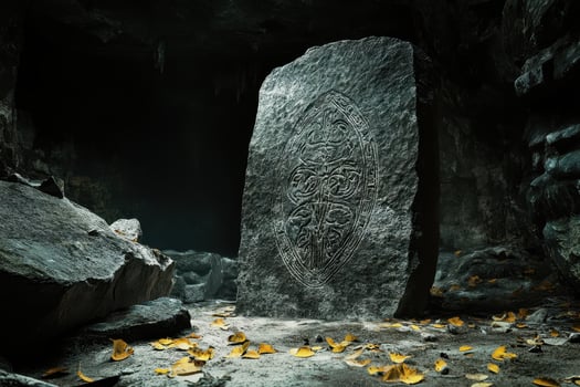 Carved stone monolith stands in a dimly lit ancient cave photo