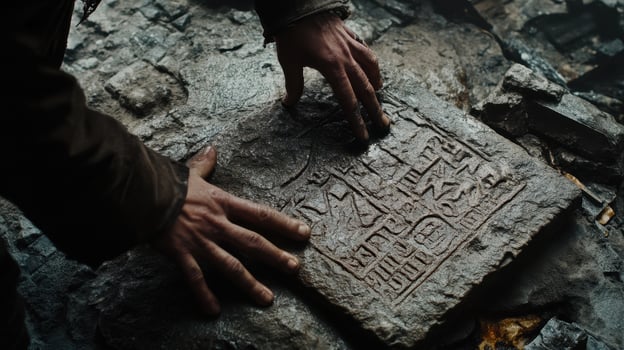 Person examining ancient stone tablet with carved unknown characters photo