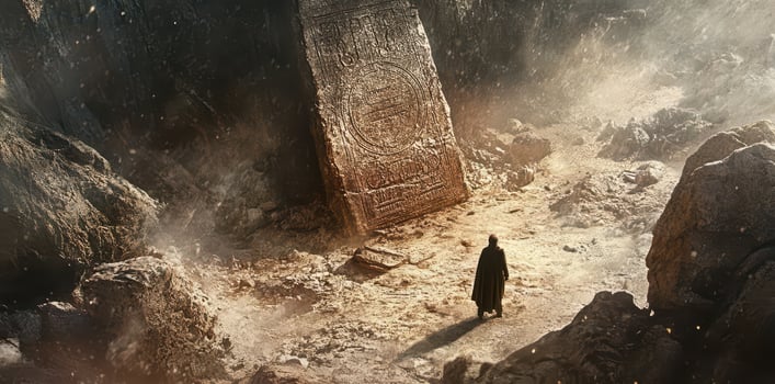 Lone traveler faces ancient stone monument in a desolate landscape photo