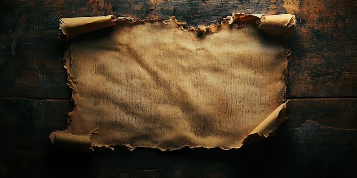 Old parchment paper scroll lies on a dark wooden surface photo