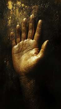 Golden hand reaching out against a dark textured background photo