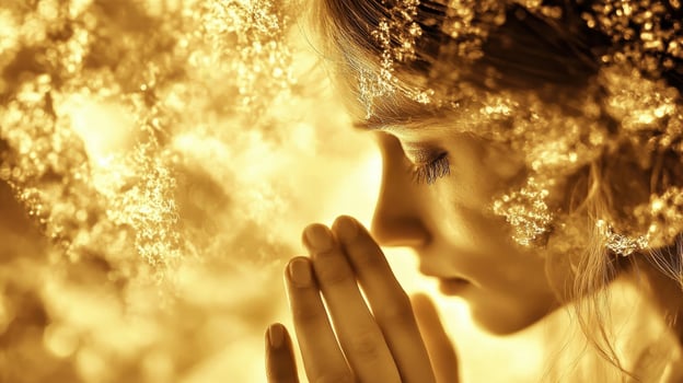 Woman in golden light with hands folded in prayer photo