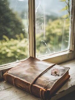 A vintage leather book on a window sill photo