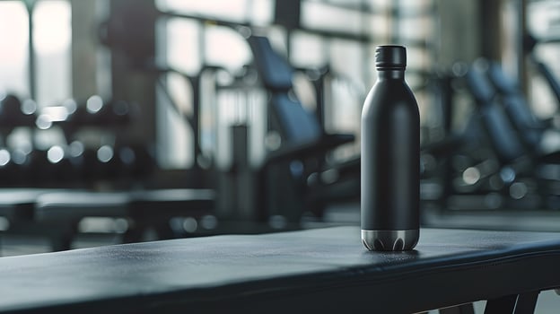 A black water bottle sitting on a bench in a gym photo