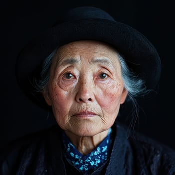 Portrait of an elderly Asian woman wearing a hat photo