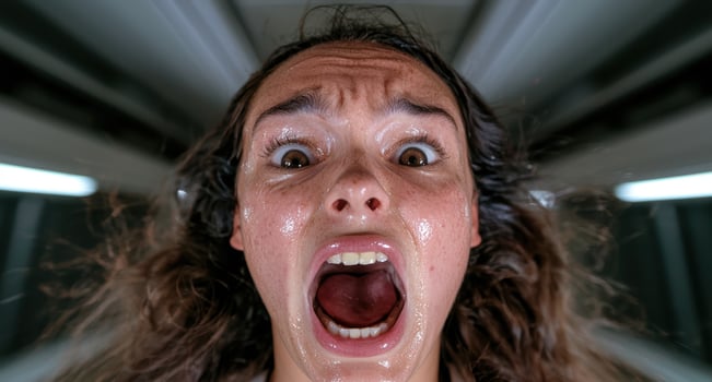 A woman screams in terror, her face covered in sweat photo