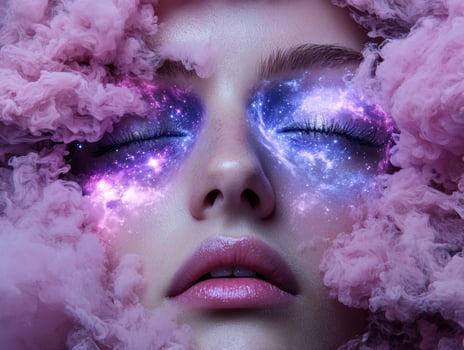 Woman with galaxy eyes surrounded by pink smoke photo