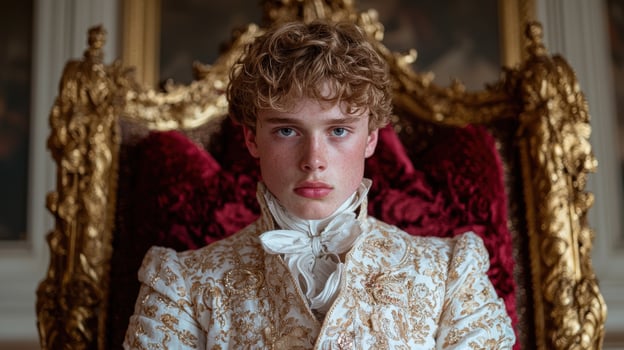 Portrait of a young man in historical royal attire sitting on a throne photo