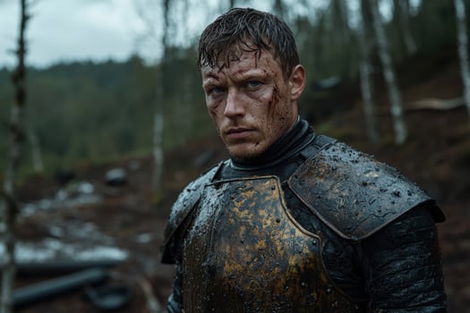 A determined warrior stands ready for battle in a forest setting photo