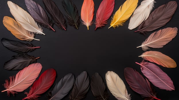 Colorful feathers arranged in a circle on a black background photo