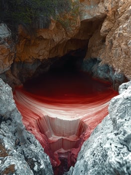 A mysterious red cave with unique rock formations photo