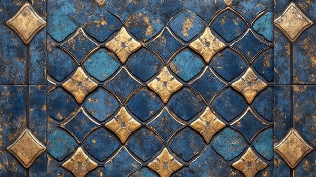Intricate tiled surface pattern featuring royal blue and gilded elements for regal aesthetics photo