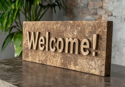 A wooden welcome sign on a table with a plant in the background photo