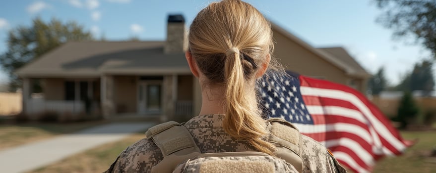 A female soldier stands in front of her new home with an American flag photo