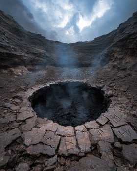 Volcanic crater with smoke and ancient symbols photo