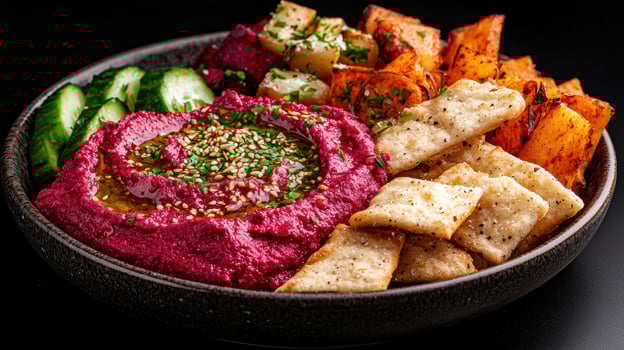 A vibrant bowl of beetroot hummus with crackers and vegetables photo