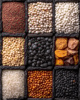 Assortment of colorful dried legumes and seeds in a wooden box photo