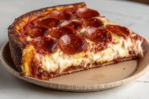 A delicious slice of deep dish pepperoni pizza photo