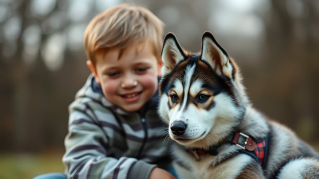 Young boy joyfully interacts with a Siberian Husky puppy in a park during autumn photo