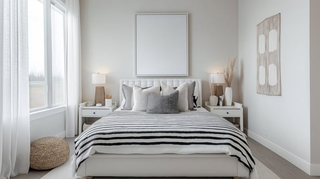 A white bedroom with a striped bed and a white rug photo