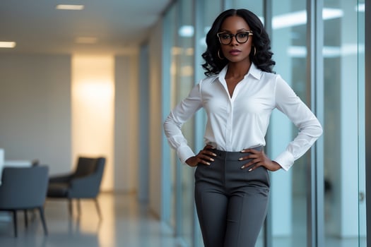 A beautiful black woman in glasses standing in an office photo