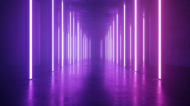 glowing purple light corridor with vertical neon lights creates vibrant atmosphere photo