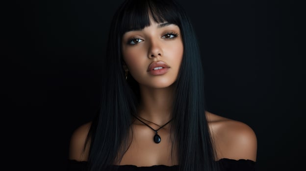 portrait of a young woman with long, straight black hair. She has a serious expression on her face and is looking directly at the camera. photo