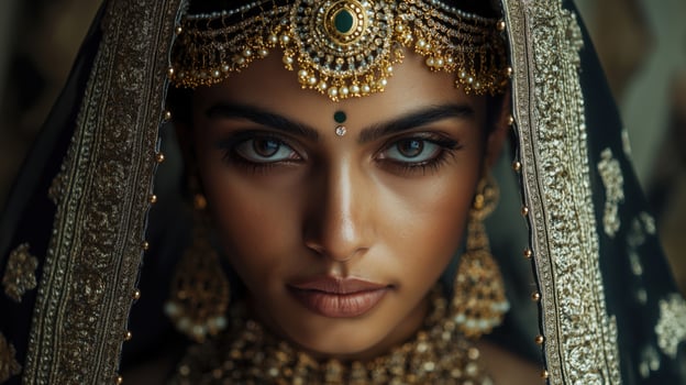 close-up portrait of a woman's face. She is wearing a traditional Indian headpiece, which is a headpiece made of gold and silver jewelry. photo
