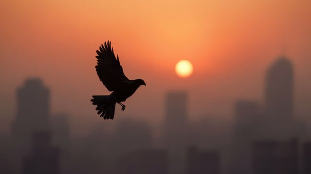 A bird flying over a city at sunset photo