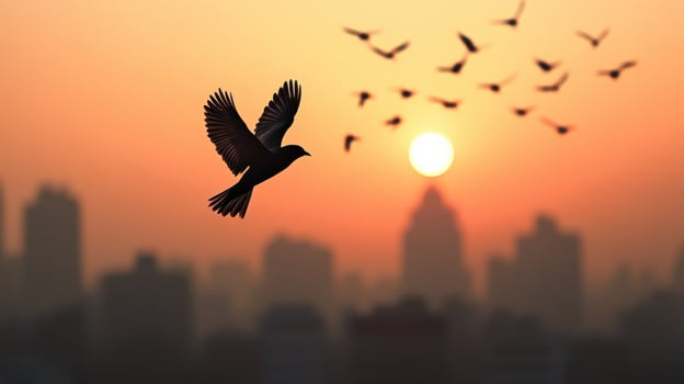 A bird flying over a city at sunset photo