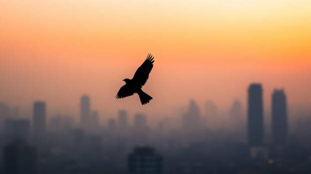 bird soaring above city skyline at sunset, symbolizing freedom photo