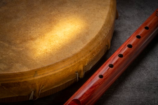 native American style flute handcrafted from aromatic cedar and shaman drum photo