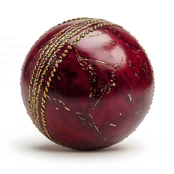 Close-up of a textured red cricket ball with raised seam details photo