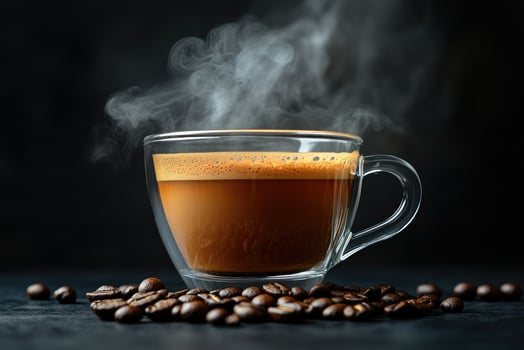 Steaming cup of coffee with coffee beans on dark background photo