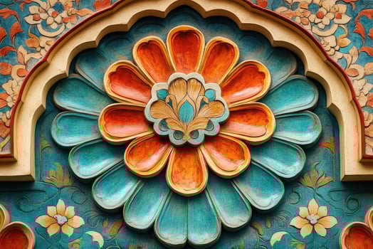 Vibrant floral mandala carving on ornate wall photo