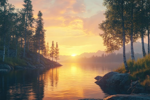 Serene sunrise over tranquil forest lake photo