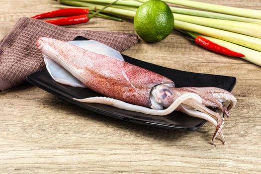 A squid on a plate with a knife and some other vegetables photo