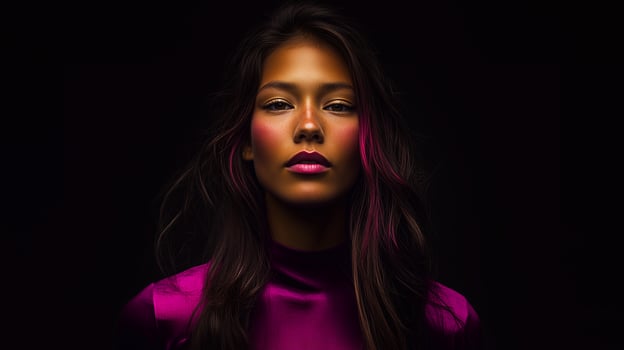 A confident woman with glowing, sun-kissed skin and striking pink makeup, illuminated by vibrant magenta highlights. She wears a sleek satin outfit, blending elegance. . photo