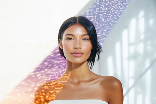 A radiant woman with healthy, glowing skin under artistic sunlight reflections, symbolizing skincare, hydration, sun protection, and modern rejuvenation technologies. . photo