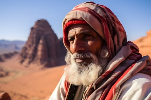 Man Gazing Into the Desert Landscape With Thoughtful Expression photo