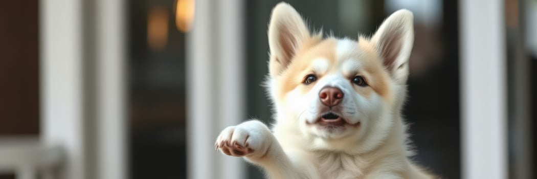 Happy dog reaching out to greet with a friendly expression at home on a sunny day photo