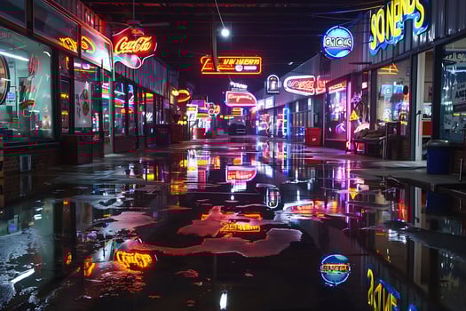 A wet street with neon signs photo