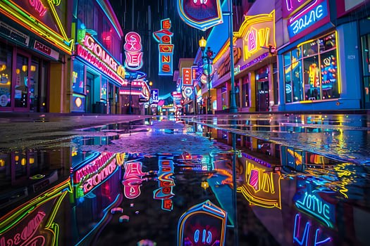 A wet street with neon signs and buildings reflected in the puddle photo