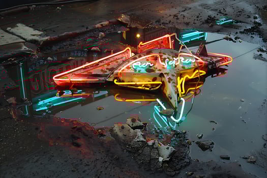 A neon sign is sitting in a puddle of water photo