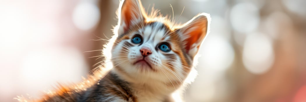 Cute striped kitten with bright blue eyes looking curiously during a sunny afternoon in a garden setting photo