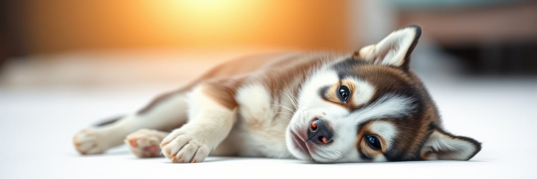 Playful husky puppy relaxing on a bright floor in a cozy home during the late afternoon photo