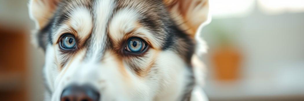 Close-up of a spirited dog with striking blue eyes in a cozy indoor setting photo
