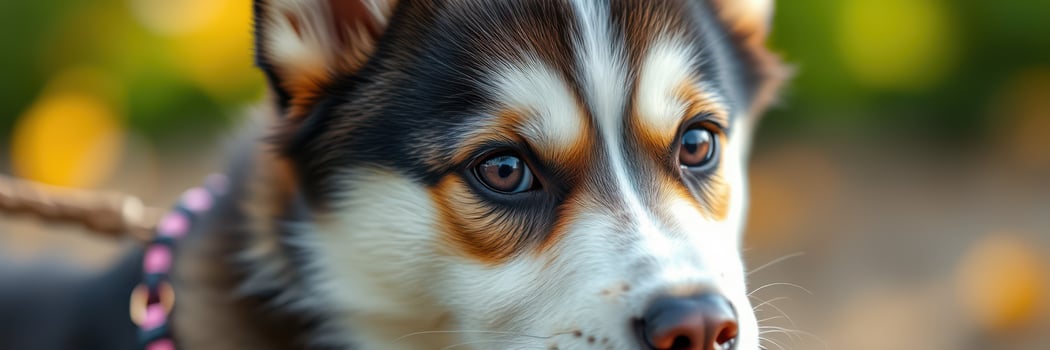Playful husky puppy enjoying a sunny day in the park surrounded by colorful flowers photo