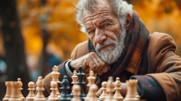 Senior man playing chess in the park during autumn photo