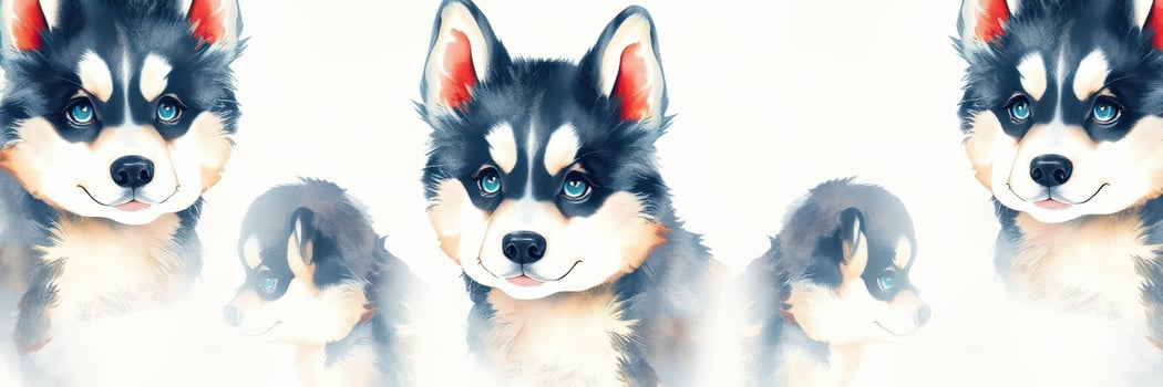 Cute husky puppies playfully posing on a soft background during a bright day, showcasing their fluffy fur and expressive eyes photo